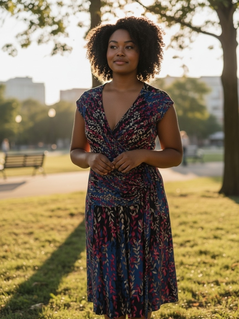 BCBGMaxAzria Navy Floral Wrap Midi Dress with Pink Accents